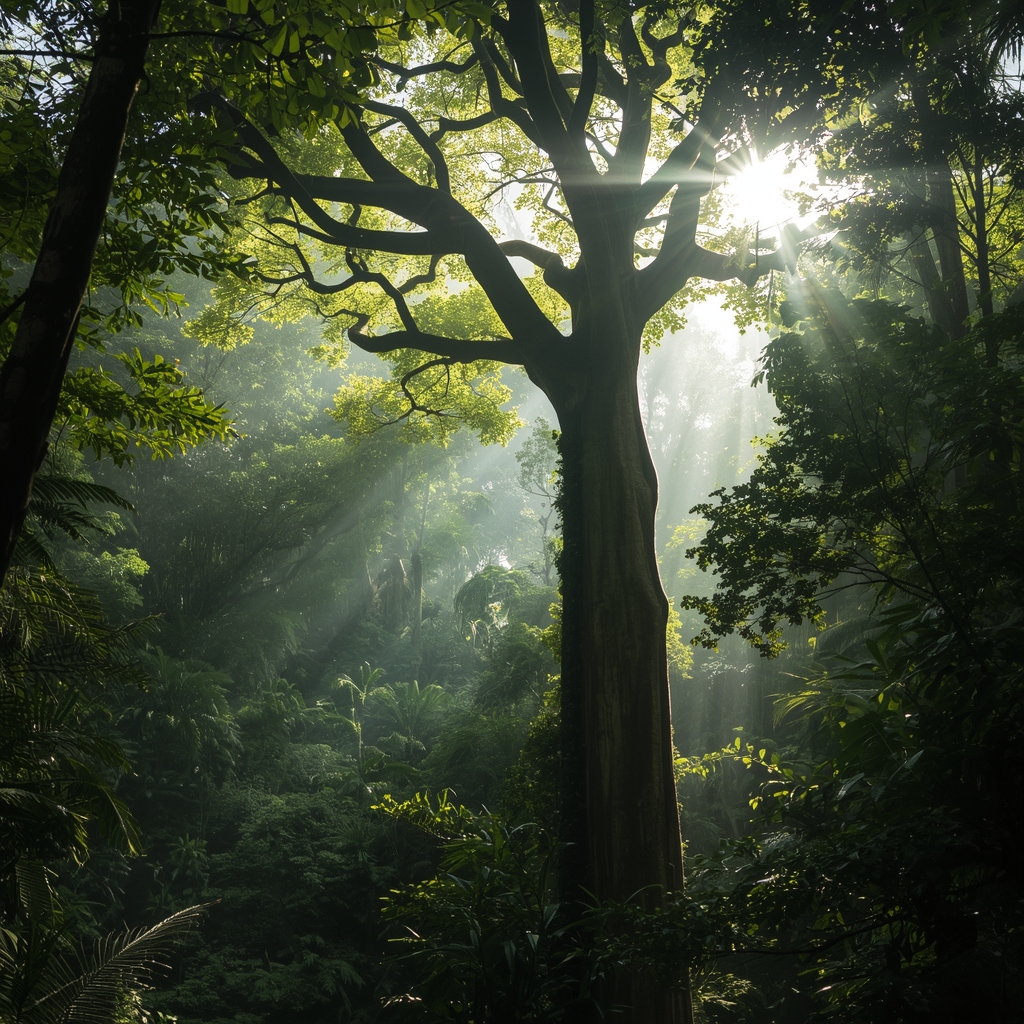 Dense tropical rainforest with towering ancient trees, lush green canopy layers and shafts of light, no people